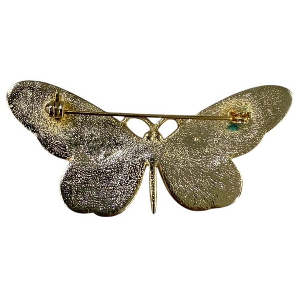 Vintage Iridescent Butterfly Brooch Gold Tone Statement Pin 70s - Picture 3 of 5